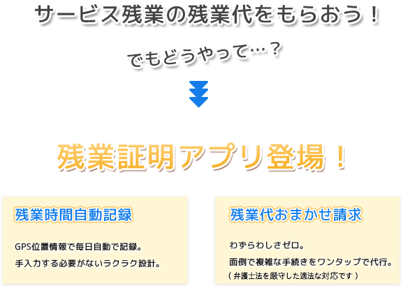 サービス残業の残業代をもらおう！でもどうやって…？　残業証明アプリ登場！　残業時間自動記録　GPS位置情報で毎日自動で記録。手入力する必要がないラクラク設計。残業代おまかせ請求　わずらわしさゼロ。面倒で複雑な手続きをワンタップで代行。